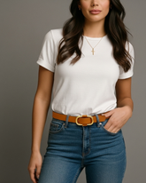 The Aurora Women’s Leather Belt — Caramel Elegance with Sculpted Gold Oval Buckle